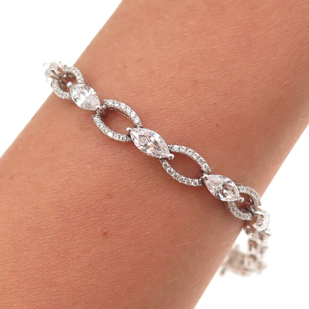925 Sterling Silver Marquise & Round-Cut C Z Bracelet 6.75"